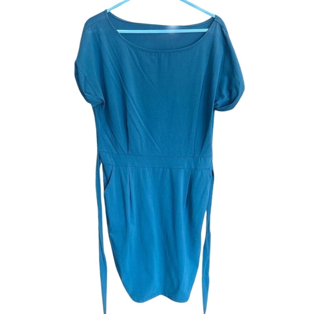 PRETTYGARDEN Teal Blue Short Sleeve Tie Waist Pocket Sheath‎ Dress XL